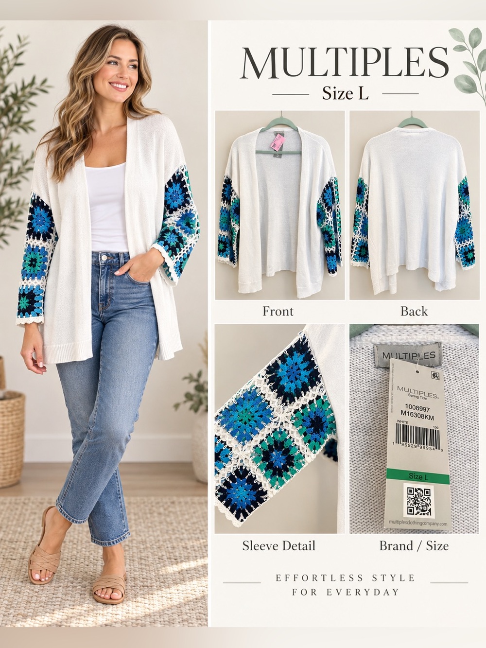 MULTIPLES Cream Open-Front Cardigan with Blue & Teal Crochet Sleeves
